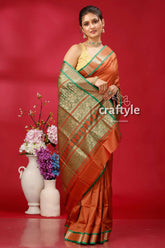 Exquisite ruddy brown bomkai silk saree with zari border woman orange green saree 4