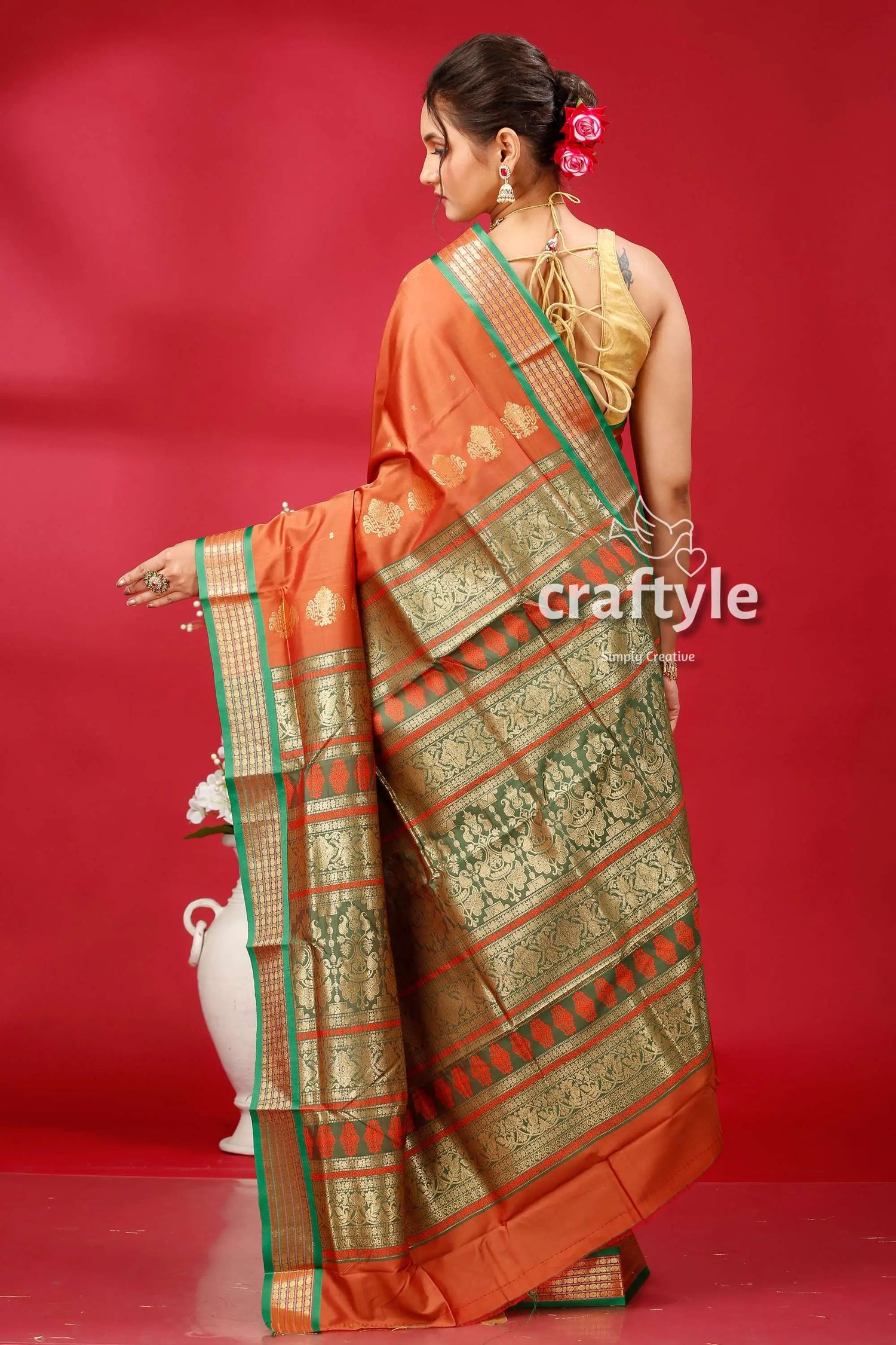 Exquisite ruddy brown bomkai silk saree with zari border orange saree green gold border 5