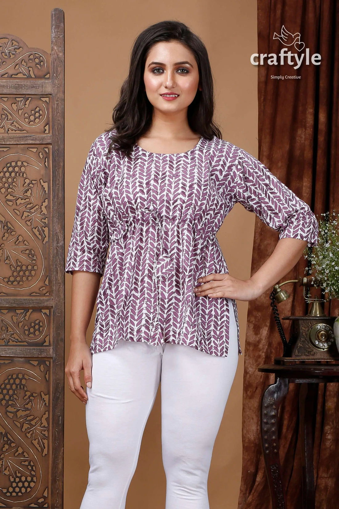 Falcon white cotton printed top with three quarter sleeves woman patterned tunic white leggings 2