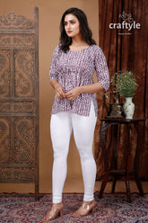 Falcon white cotton printed top with three quarter sleeves woman patterned tunic white leggings 1