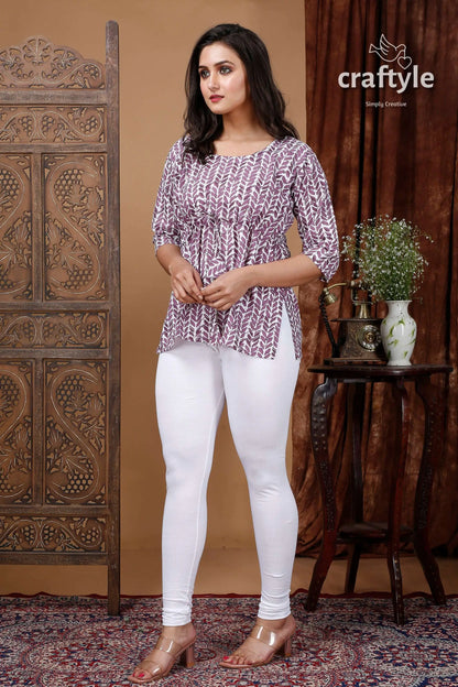 Falcon white cotton printed top with three quarter sleeves woman patterned tunic white leggings 1