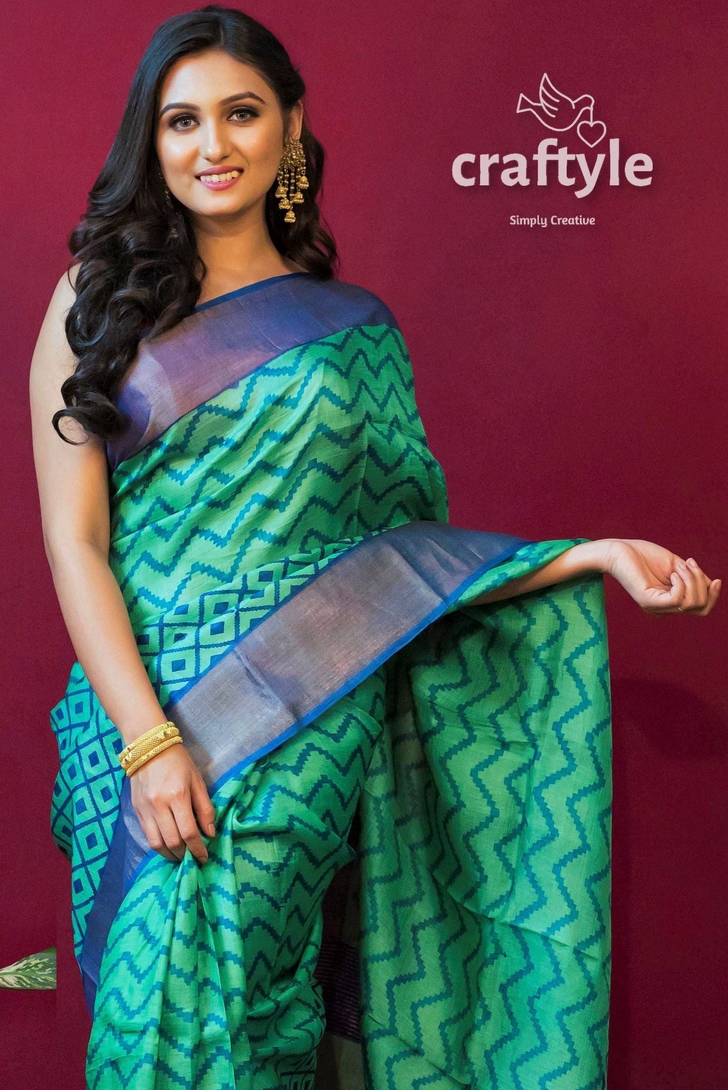 Fern Green Block Print Zari Pure Tussar Saree for Women - Craftyle