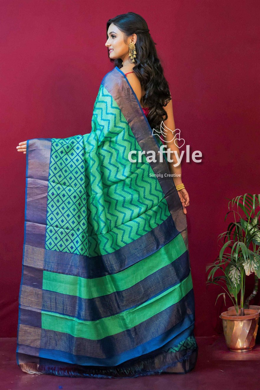 Fern Green Block Print Zari Pure Tussar Saree for Women - Craftyle