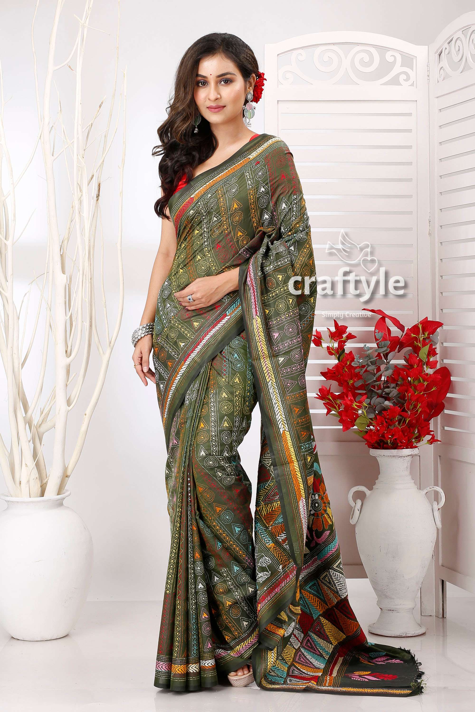 Fern Green Geometric pattern Multicolor Bengali Silk Kantha Saree - Craftyle
