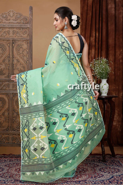 Fern green handloom jamdani saree - exquisite bengal design mint green patterned saree 4