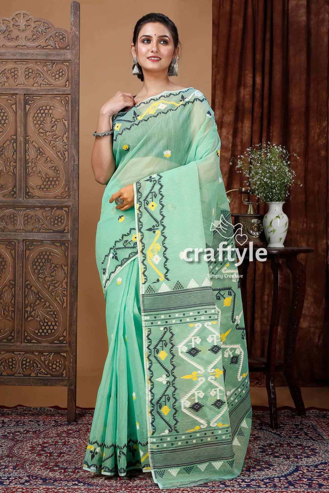 Fern green handloom jamdani saree - exquisite bengal design woman light embroidered 1