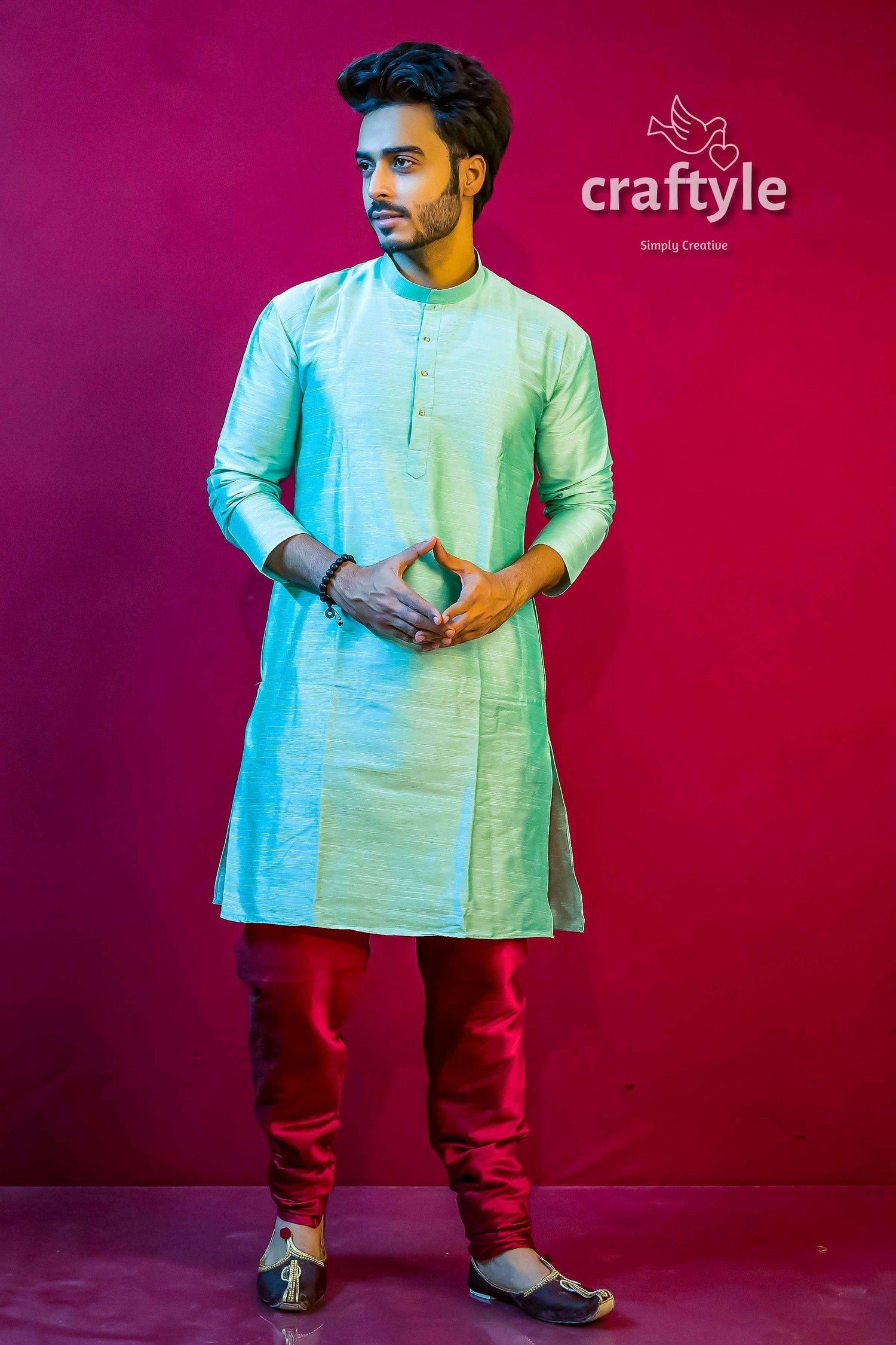 Fern Green Traditional Mens Kurta in Solid Color - Craftyle