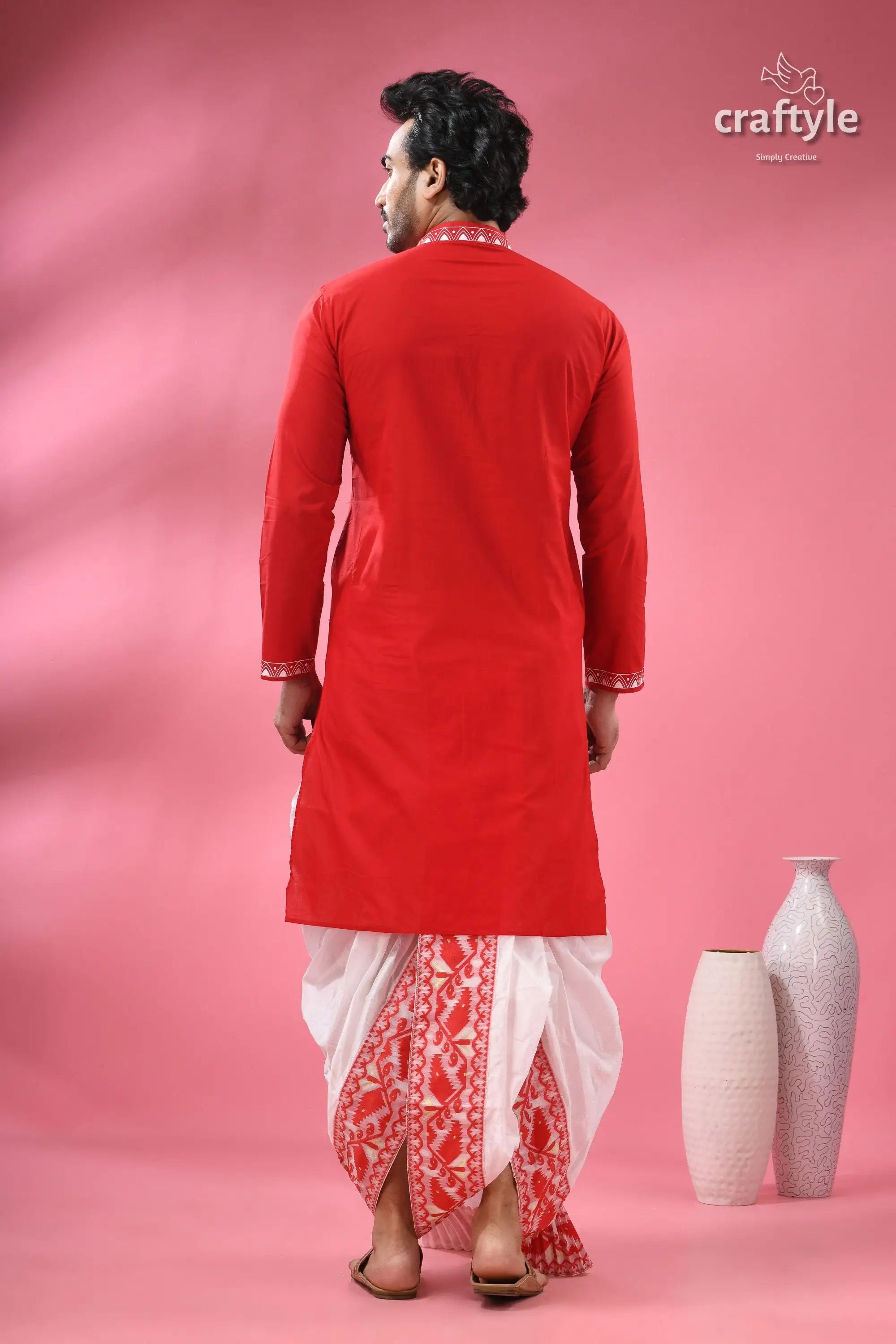Festive ehtnic wear cotton panjabi for men - ma durga theme red white dhoti kurta set 7
