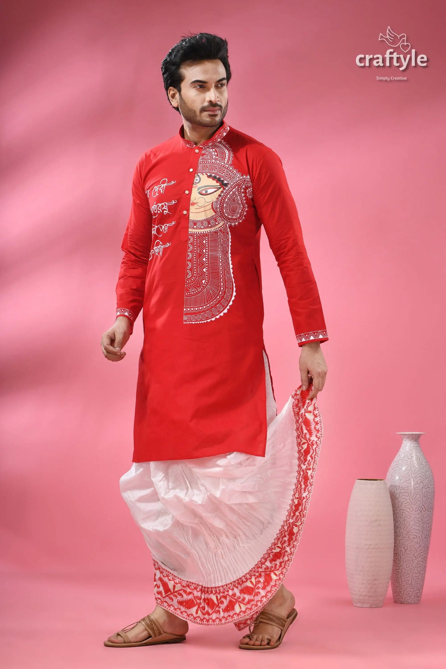 Festive ehtnic wear cotton panjabi for men - ma durga theme red white embroidered kurta set 6