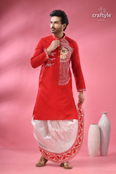 Festive ehtnic wear cotton panjabi for men - ma durga theme red white embroidered kurta set 1