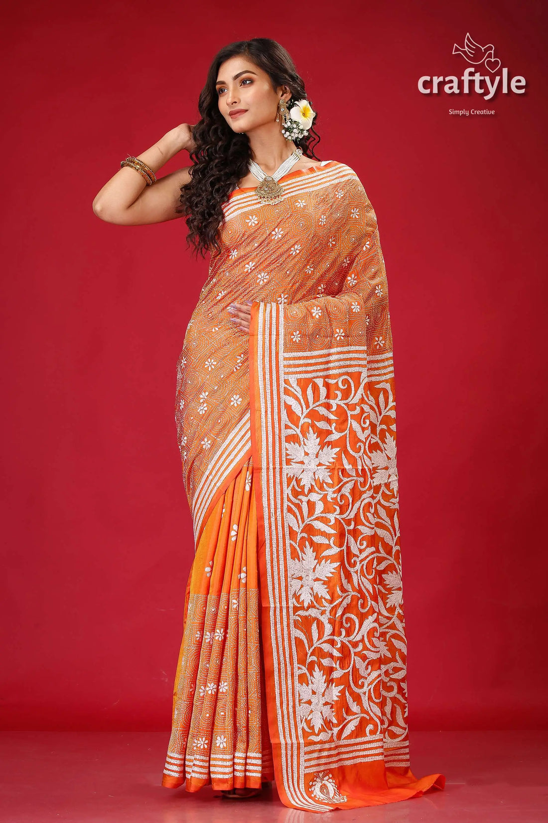 Fiery orange white thread bengal silk kantha saree woman orange beige saree 1