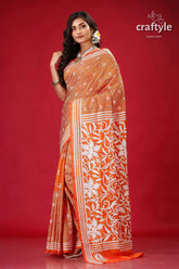 Fiery orange white thread bengal silk kantha saree orange white floral saree 3