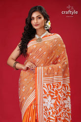 Fiery orange white thread bengal silk kantha saree orange saree white floral embroidery 2