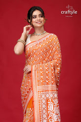 Fiery Orange White Thread Traditional Silk Kantha Saree-Craftyle
