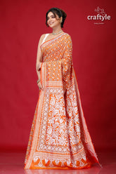 Fiery Orange White Thread Traditional Silk Kantha Saree-Craftyle