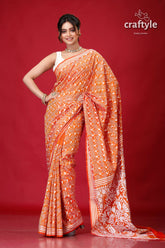 Fiery Orange White Thread Traditional Silk Kantha Saree-Craftyle