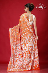Fiery Orange White Thread Traditional Silk Kantha Saree-Craftyle