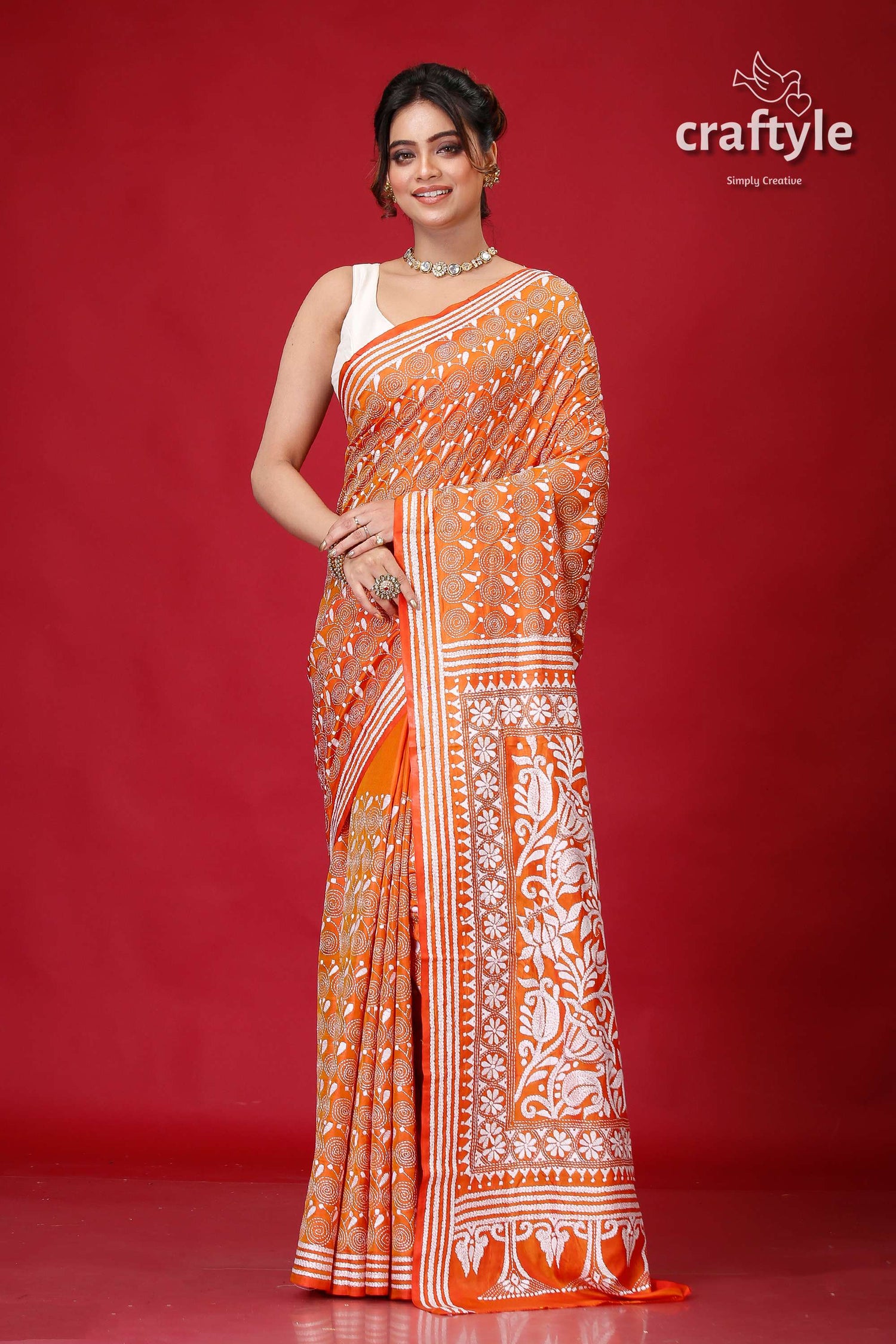 Fiery Orange White Thread Traditional Silk Kantha Saree-Craftyle