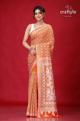Fiery Orange White Thread Traditional Silk Kantha Saree-Craftyle