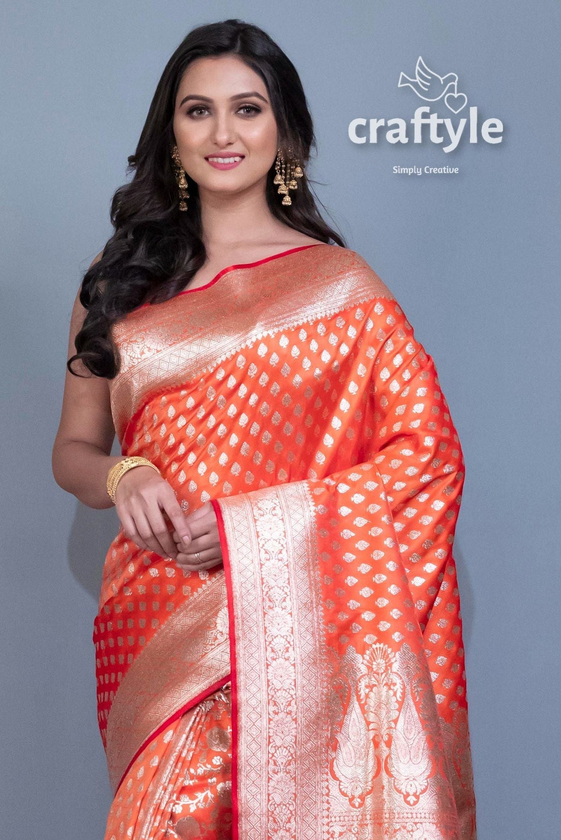 Fire Orange Blended Banarasi Silk Saree for Women - Craftyle