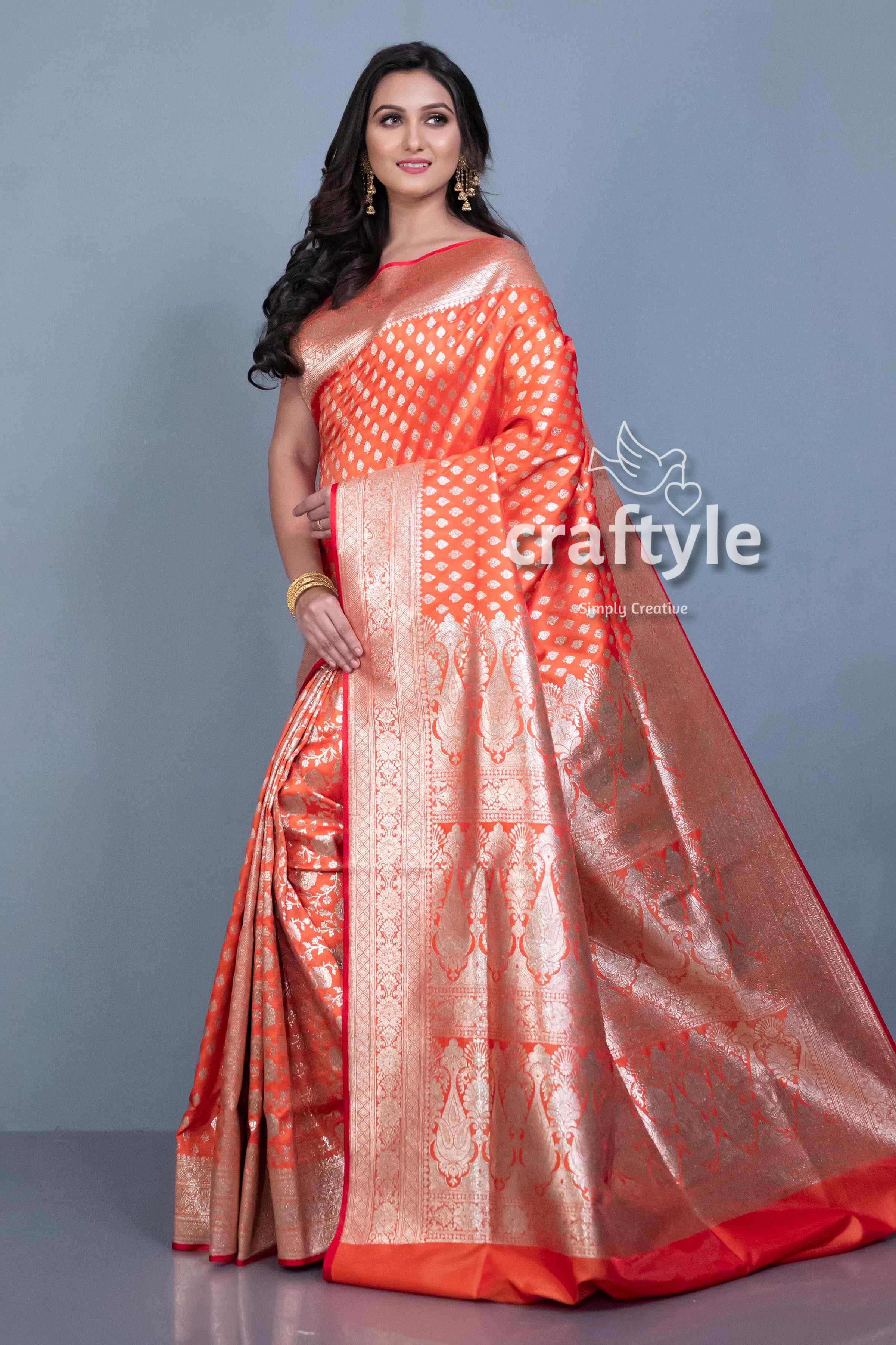 Fire Orange Blended Banarasi Silk Saree for Women - Craftyle