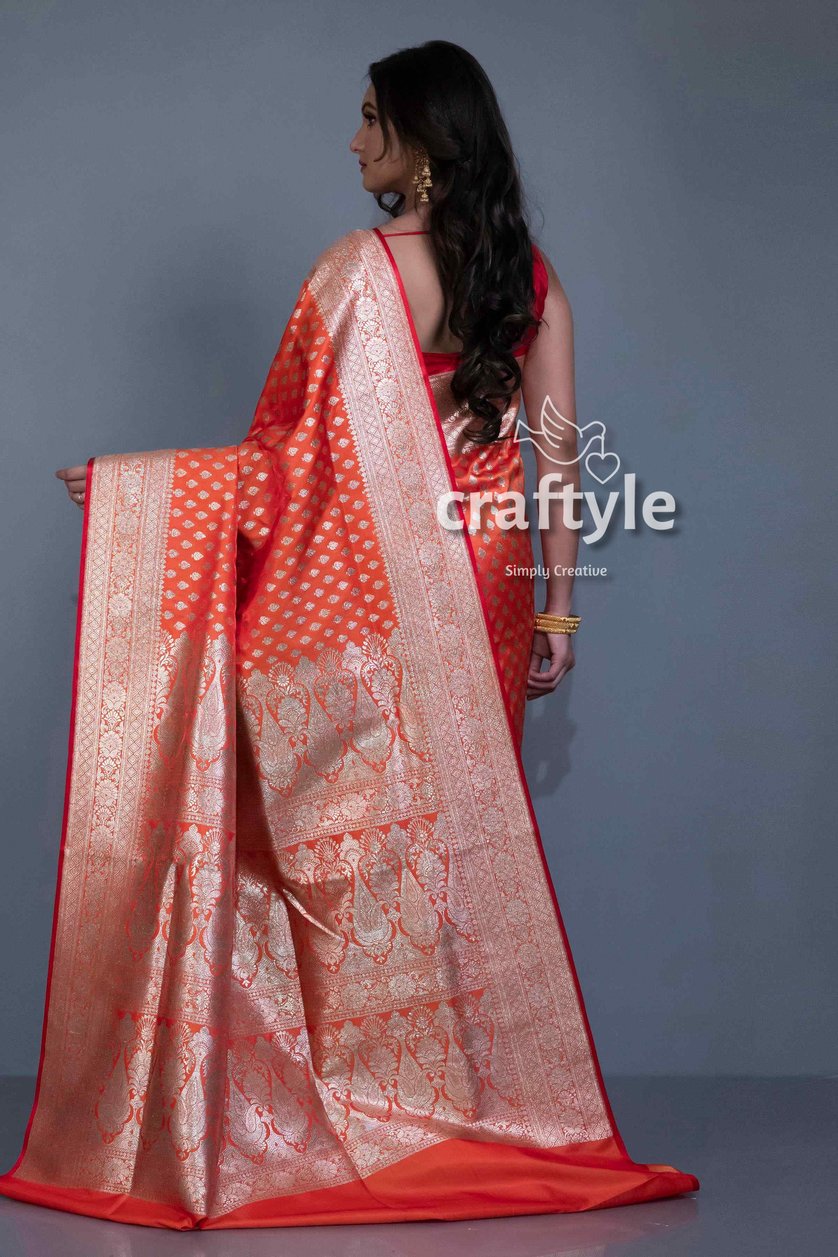 Fire Orange Blended Banarasi Silk Saree for Women - Craftyle