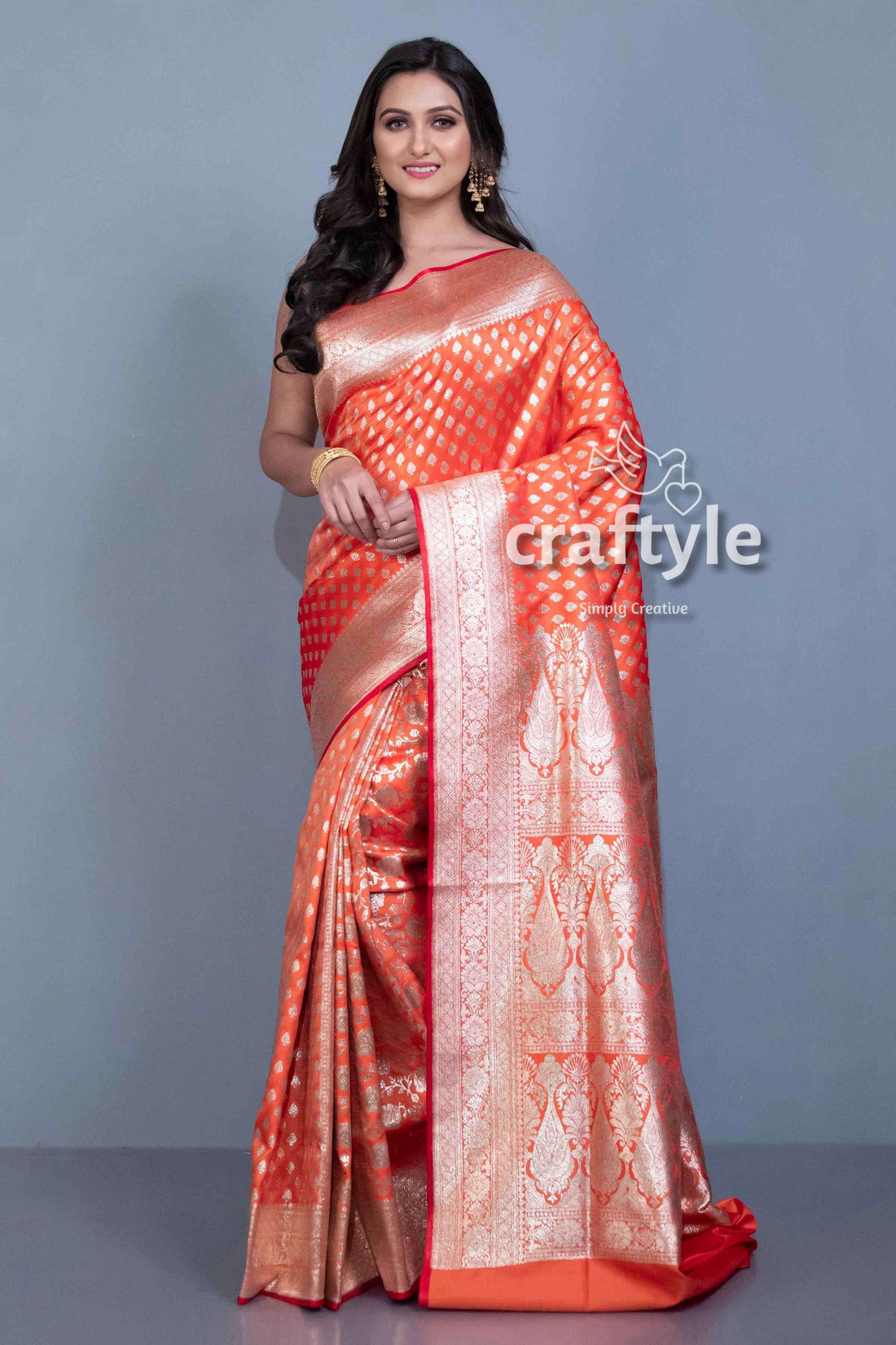 Fire Orange Blended Banarasi Silk Saree for Women - Craftyle