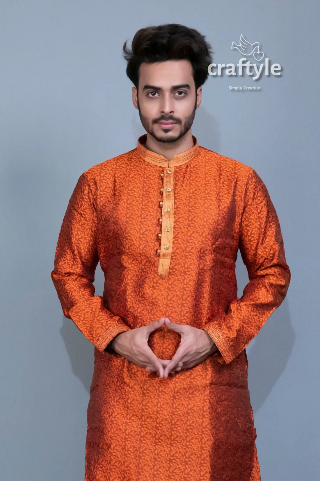 Fire orange embroidered silk kurta pajama mens ethnic wear orange patterned kurta 2