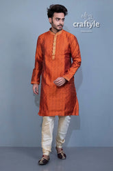 Fire orange embroidered silk kurta pajama mens ethnic wear orange kurta pajama set 3