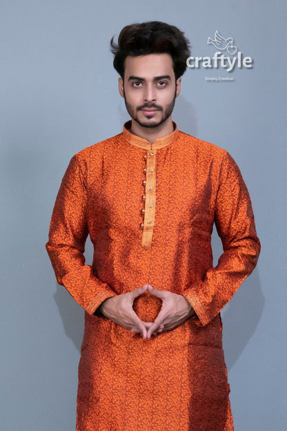 Fire Orange Embroidered Silk Kurta Pajama - Mens Ethnic Wear - Craftyle