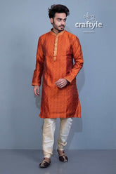 Fire Orange Embroidered Silk Kurta Pajama - Mens Ethnic Wear - Craftyle