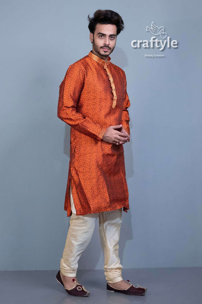 Fire Orange Embroidered Silk Kurta Pajama - Mens Ethnic Wear - Craftyle