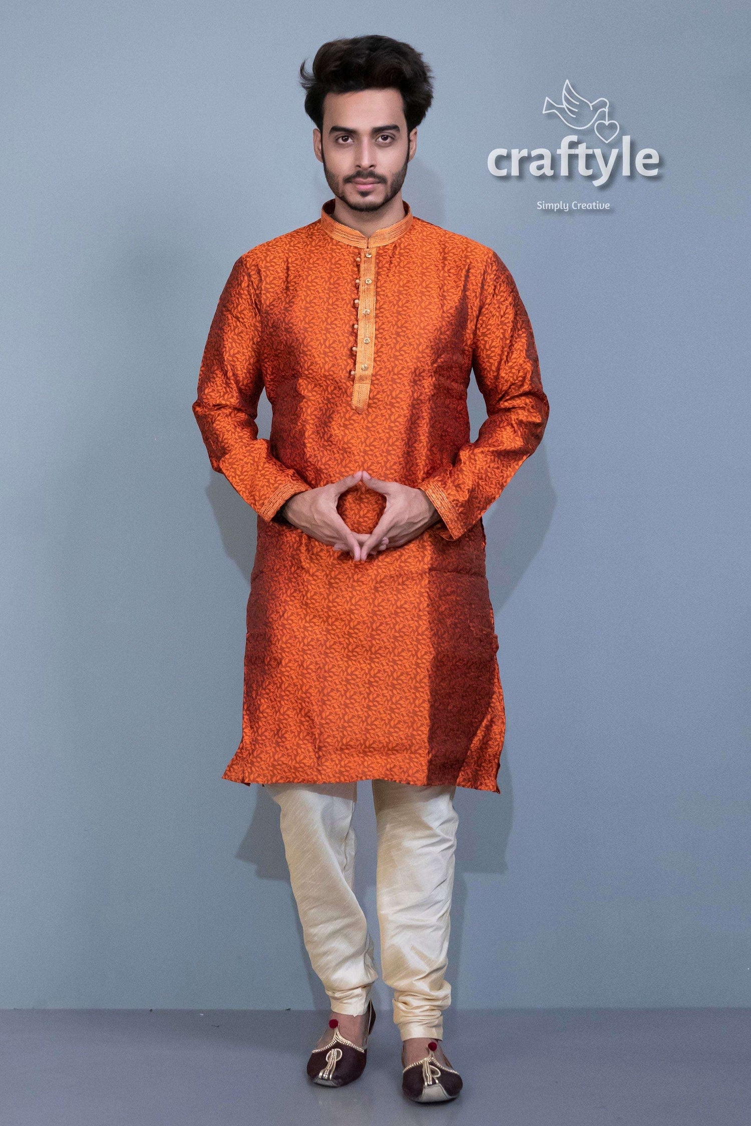 Fire Orange Embroidered Silk Kurta Pajama - Mens Ethnic Wear - Craftyle