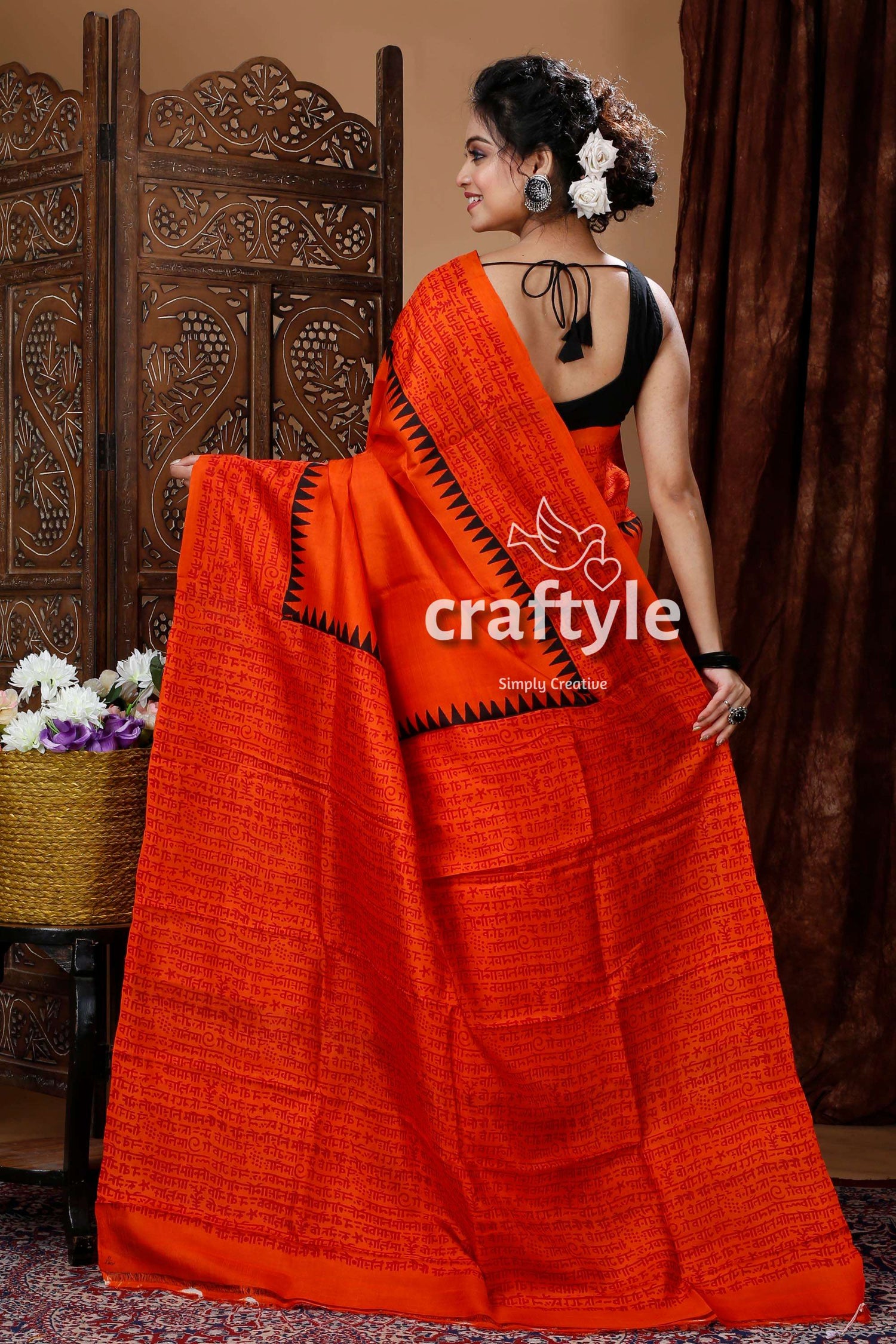 Fire Orange Mulberry Pure Silk Hand Block Saree - Craftyle