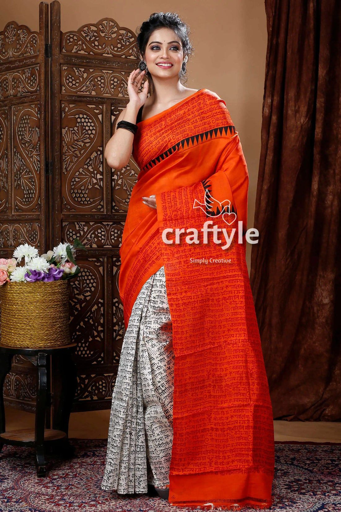 Fire orange mulberry pure silk hand block saree woman orange white saree 1