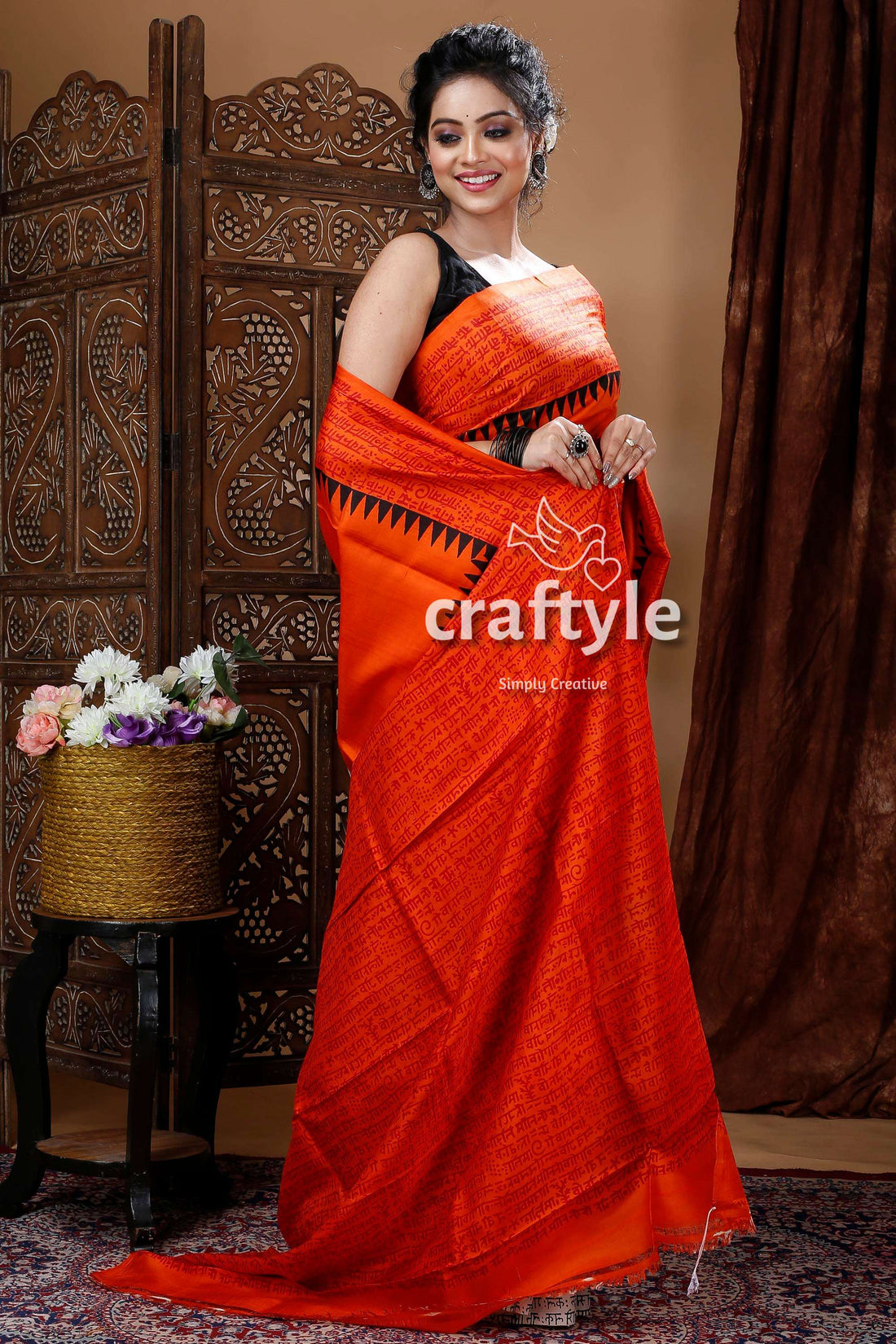 Fire Orange Murshidabad Pure Silk Hand Block Saree-Craftyle