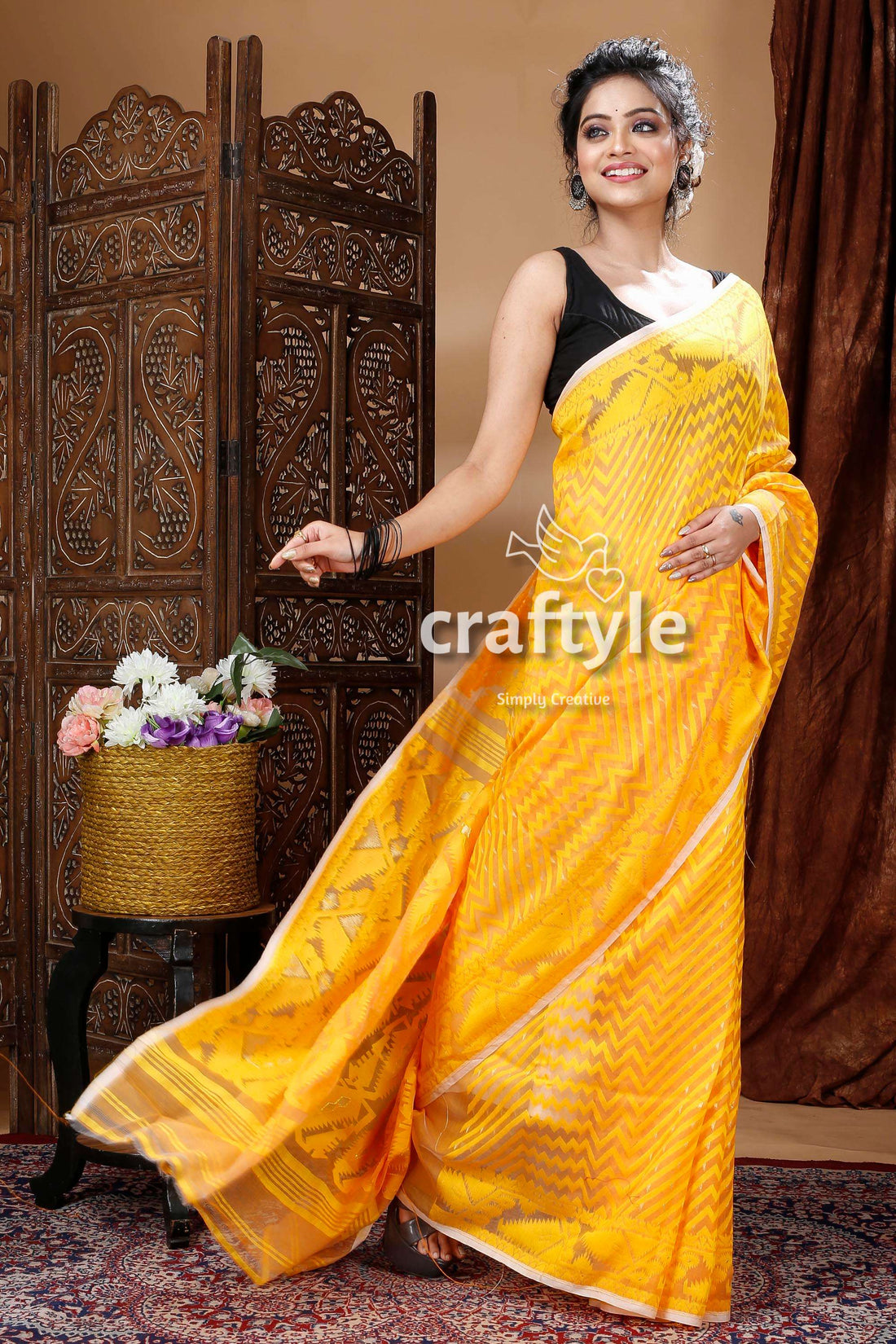 Fire Yellow Bengal Jamdani Saree - Craftyle