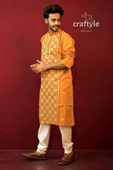 Fire yellow kantha work cotton ethnic kurta for men men’s orange white patterned 3