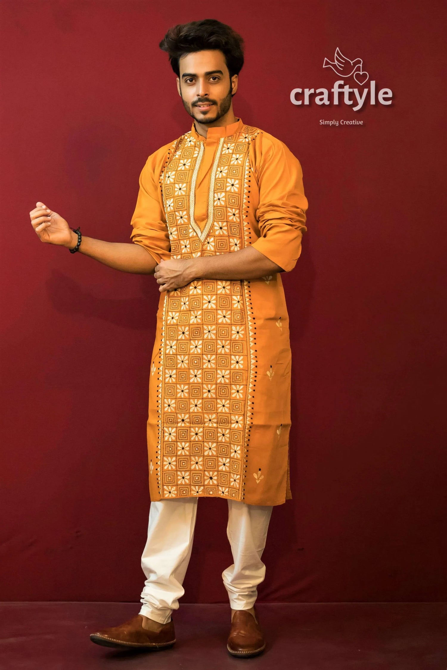 Fire yellow kantha work cotton ethnic kurta for men man mustard white 5