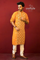 Fire yellow kantha work cotton ethnic kurta for men men’s embroidered mustard 2