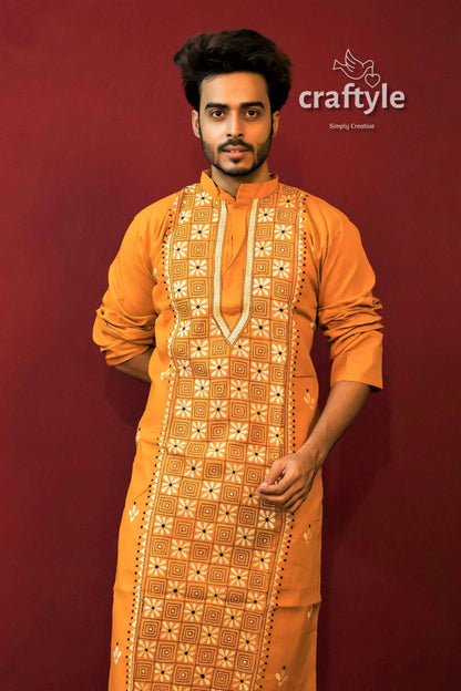 Fire yellow kantha work cotton ethnic kurta for men men’s mustard intricate 4