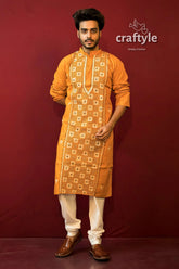 Fire yellow kantha work cotton ethnic kurta for men men’s mustard white 1