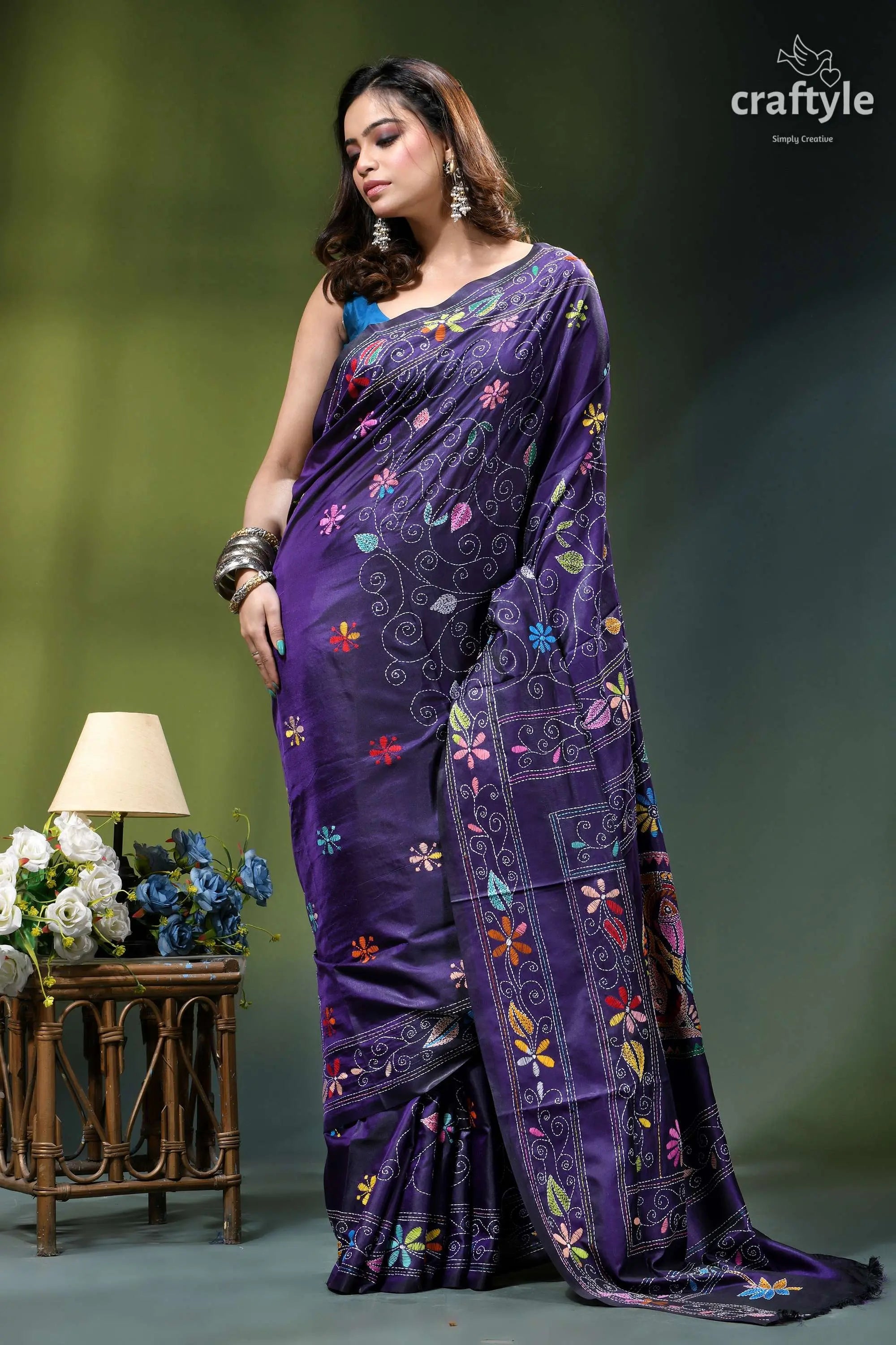 Fish design hand kantha embroidery silk saree in spanish violet vibrant purple saree adorned colorful 4