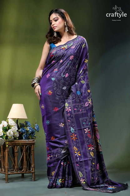 Fish design hand kantha embroidery silk saree in spanish violet vibrant purple saree adorned colorful 4