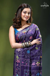 Fish design hand kantha embroidery silk saree in spanish violet purple embroidered saree colorful floral 2