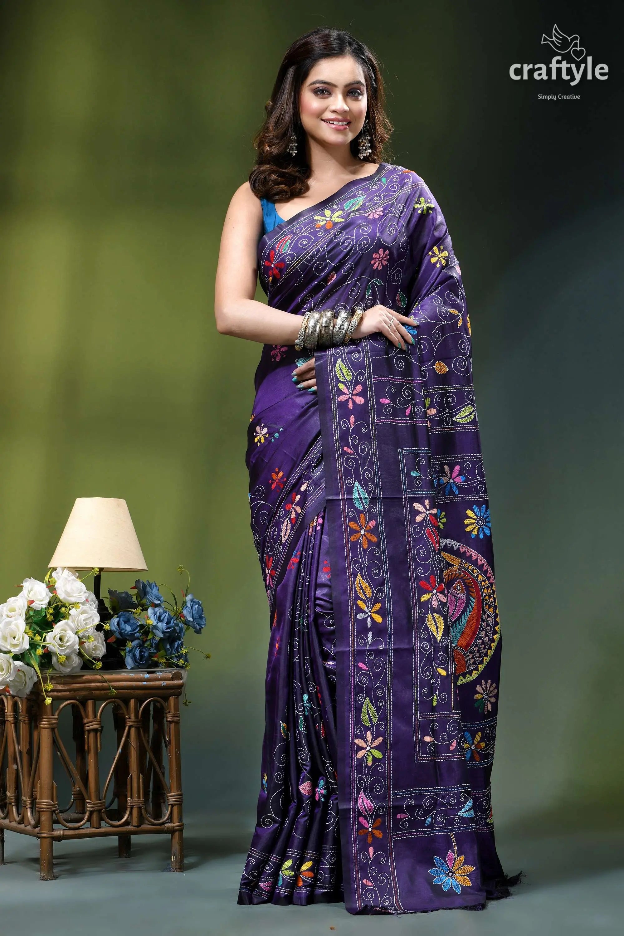 Fish design hand kantha embroidery silk saree in spanish violet vibrant purple saree adorned intricate 1