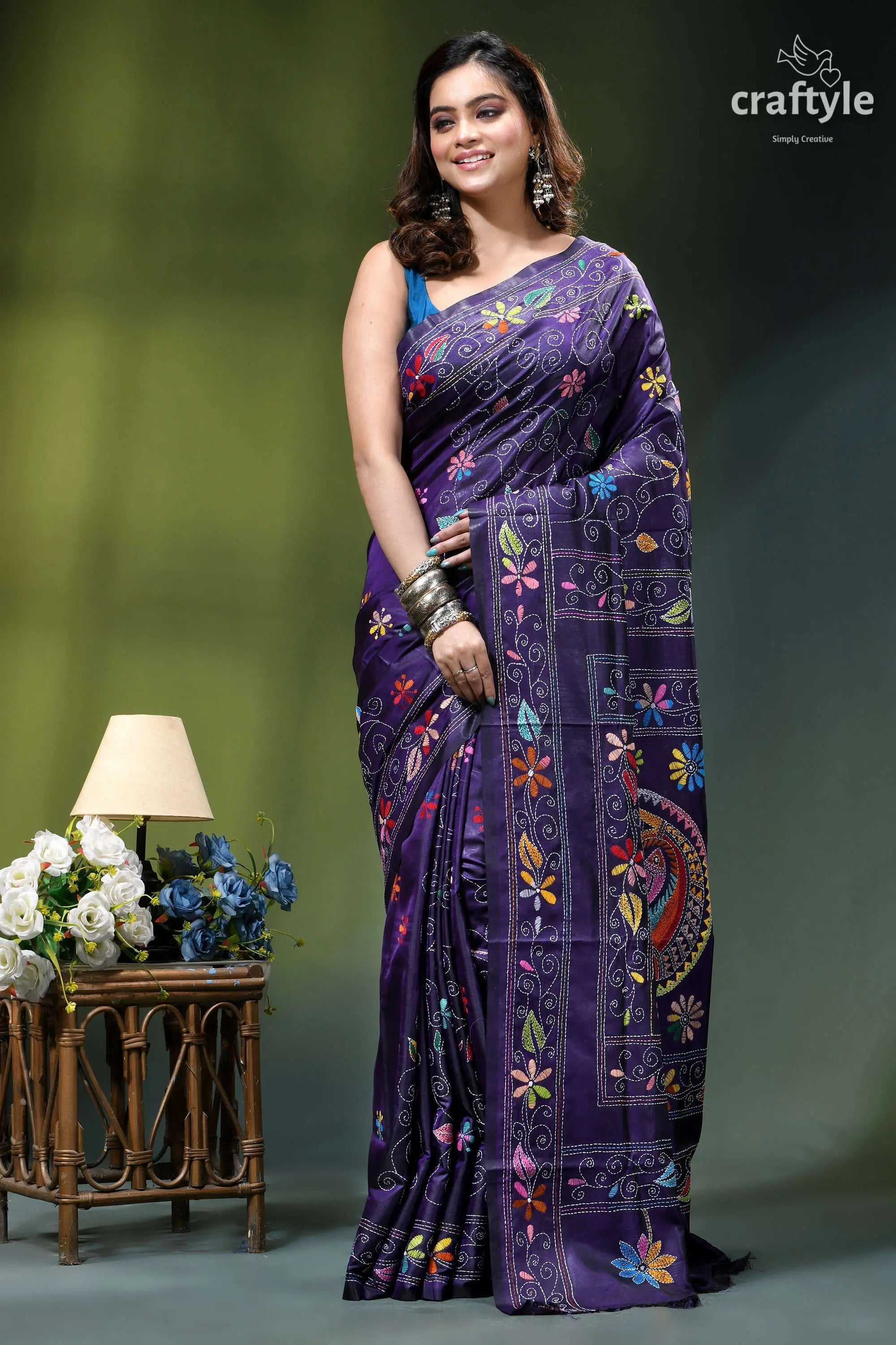 Fish design hand kantha embroidery silk saree in spanish violet purple silk saree intricate floral 6