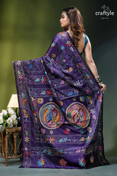 Fish design hand kantha embroidery silk saree in spanish violet purple silk saree intricate floral 5