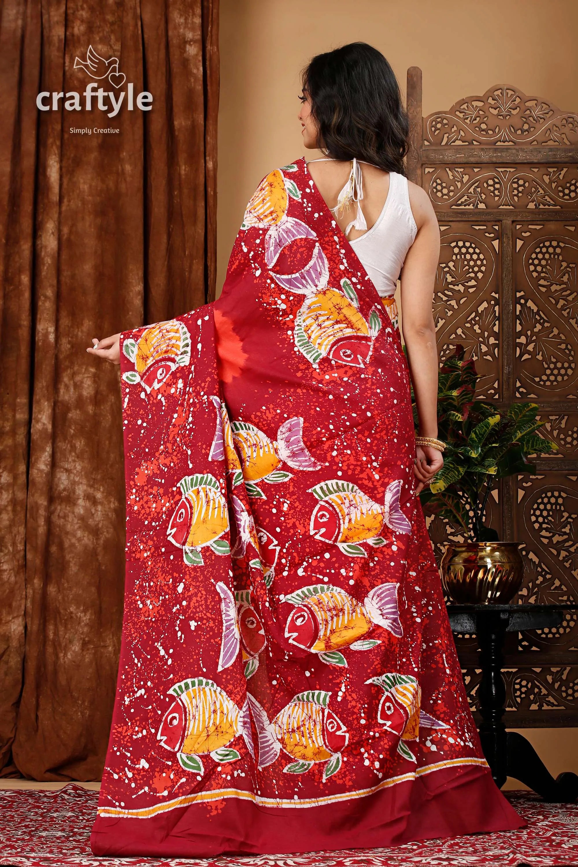Fish motif batik handmade pure cotton saree - natural and unique design maroon pattern 5