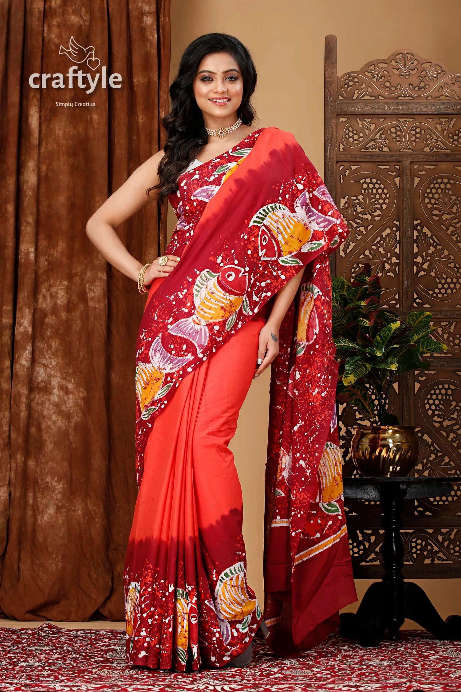 Fish motif batik handmade pure cotton saree - natural and unique design red orange pattern 4